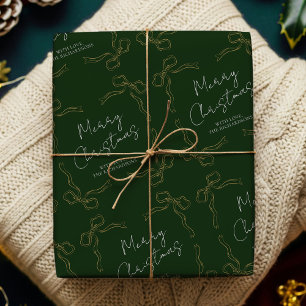 Whimsical Bows Green Gold Family Name Holiday Xmas Wrapping Paper