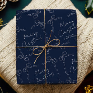 Whimsical Bows Navy Blue Family Name Holiday Xmas Wrapping Paper