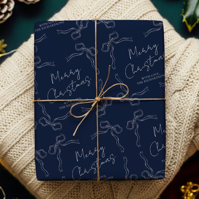 Whimsical Bows Navy Blue Family Name Holiday Xmas Wrapping Paper (Hand drawn whimsical ribbons navy and white Christmas Gift Wrapping Paper with your custom name)