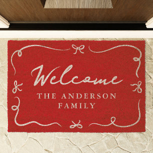 Whimsical Bows Red Merry Christmas Fiber Doormat