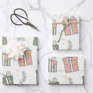 Whimsical Boxes Bows Sage Green Pink Christmas Wrapping Paper Sheets