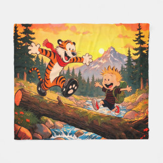 Whimsical Boy and Tiger Wilderness Adventure Art Fleece Blanket