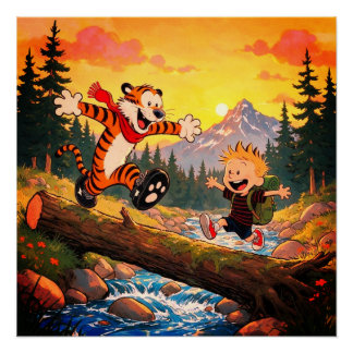 Whimsical Boy and Tiger Wilderness Adventure Art Poster