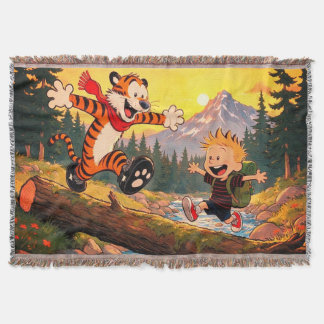 Whimsical Boy and Tiger Wilderness Adventure Art Throw Blanket