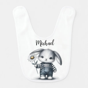 Whimsical Boy Bunny With Name Baby Bib