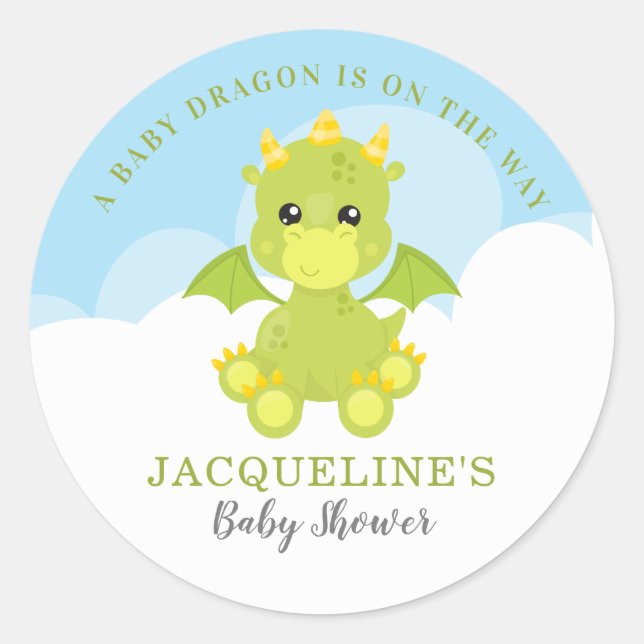 Whimsical Boy Dragon Baby Shower Classic Round Sticker (Front)