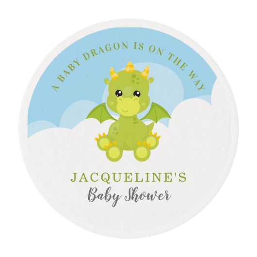 Whimsical Boy Dragon Baby Shower Edible Frosting Rounds (Front)