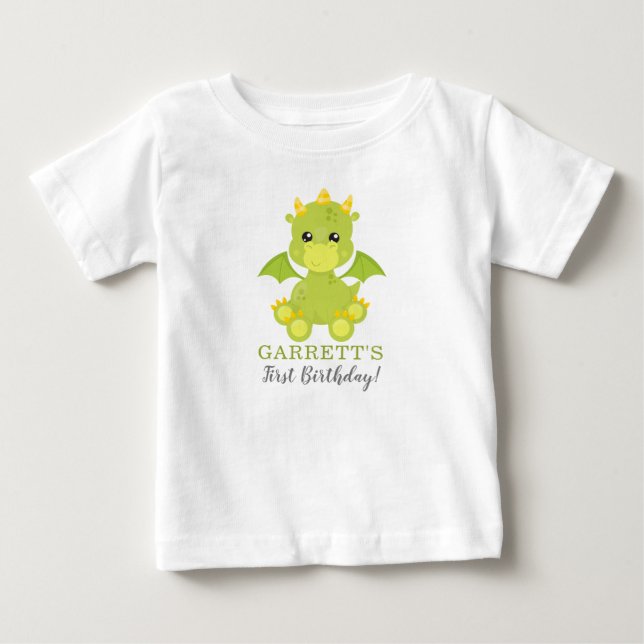 Whimsical Boy Dragon First Birthday Baby T-Shirt (Front)