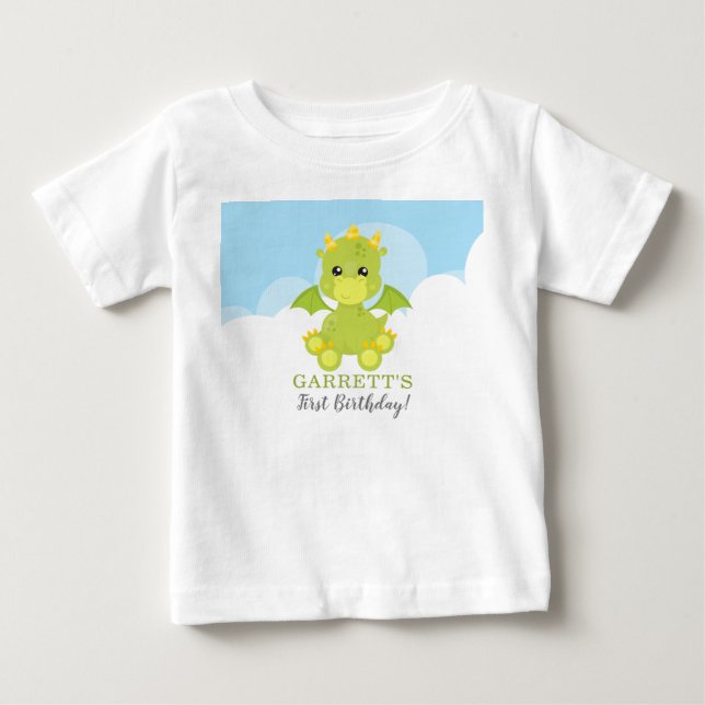 Whimsical Boy Dragon First Birthday Baby T-Shirt (Front)