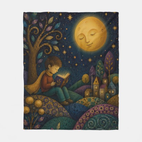 WHIMSICAL BOY READING UNDER MOON FLEECE BLANKET