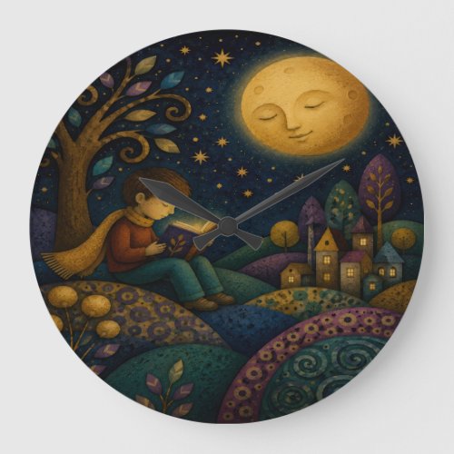 WHIMSICAL BOY READING UNDER MOON LARGE CLOCK