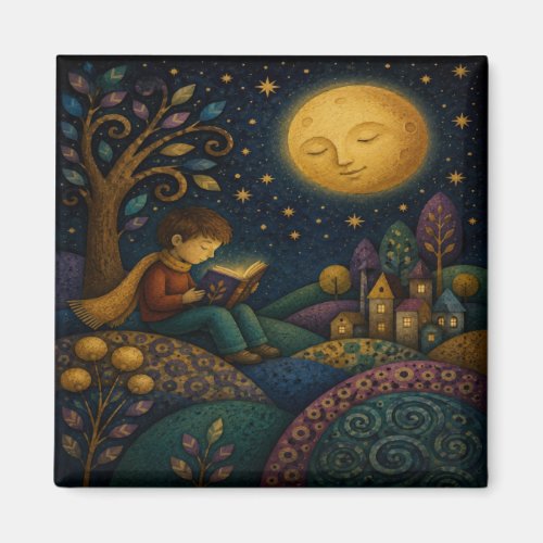 WHIMSICAL BOY READING UNDER MOON MAGNET