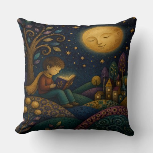 WHIMSICAL BOY READING UNDER MOON THROW PILLOW