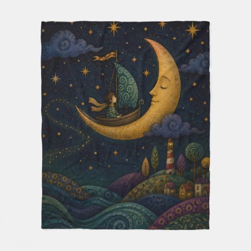 WHIMSICAL BOY SAILING GOLDEN CRESCENT MOON FLEECE BLANKET