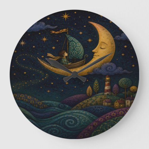 WHIMSICAL BOY SAILING GOLDEN CRESCENT MOON LARGE CLOCK