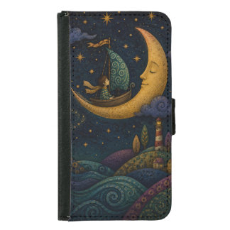 WHIMSICAL BOY SAILING GOLDEN CRESCENT MOON SAMSUNG GALAXY S5 WALLET CASE