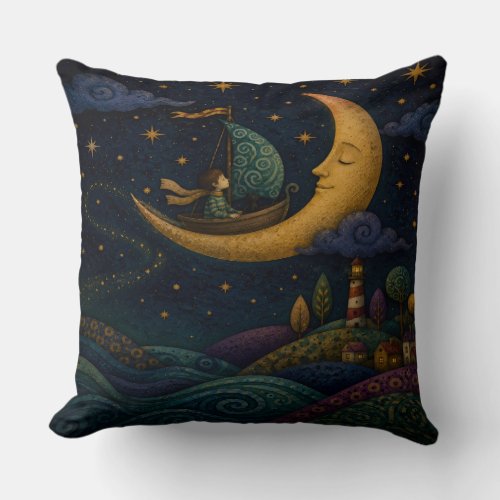 WHIMSICAL BOY SAILING GOLDEN CRESCENT MOON THROW PILLOW