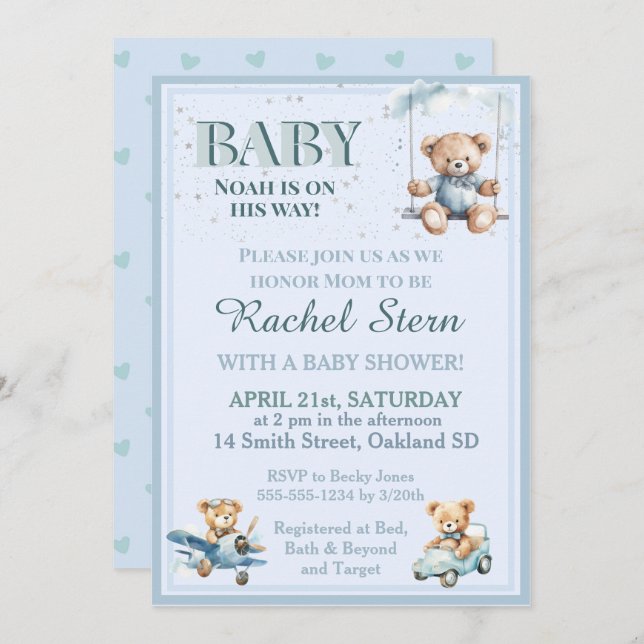Whimsical Boy Teddy Bear Baby Shower Invitation (Front/Back)