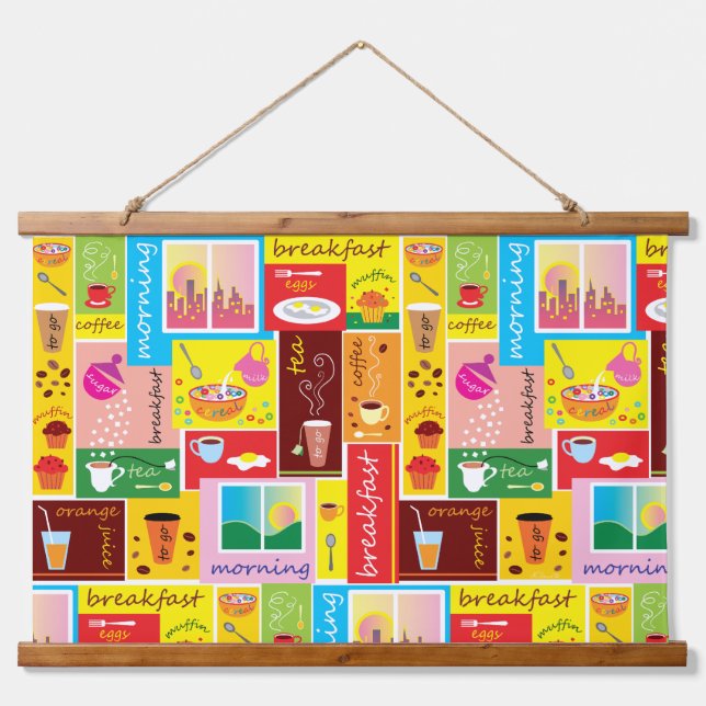 Whimsical Breakfast Pattern Hanging Tapestry (Front)