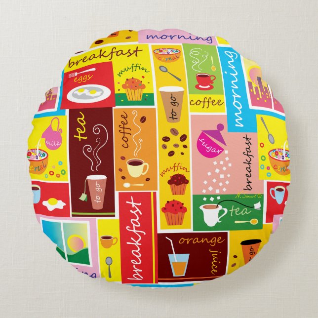 Whimsical Breakfast Pattern  Round Pillow (Front)