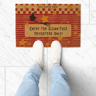 Whimsical Brick Red Retro Halloween Starry Witch Fiber Doormat
