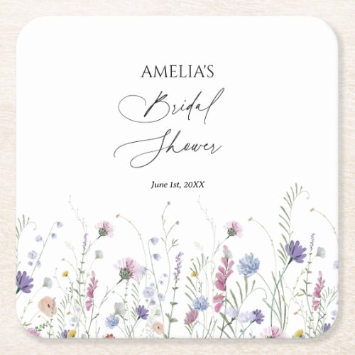 Whimsical Bridal Shower Paper Coaster Purple Square Paper Coaster