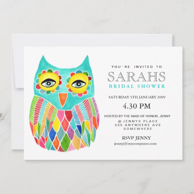 Whimsical Bridal Shower Rainbow Owl Invite (Front)