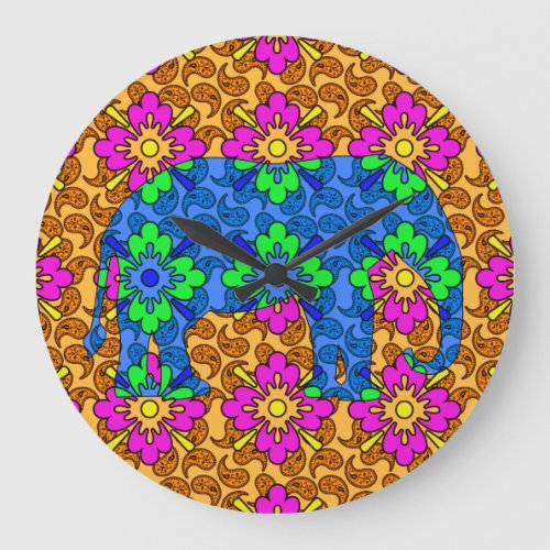 Whimsical Bright Colorful Paisley Elephant Cute Large Clock