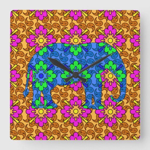 Whimsical Bright Colorful Paisley Elephant Cute Square Wall Clock