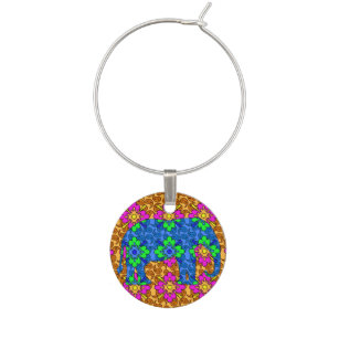 Whimsical Bright Colorful Paisley Elephant Cute Wine Glass Charm