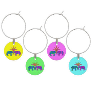 Whimsical Bright Colorful Paisley Elephants Wine Charm