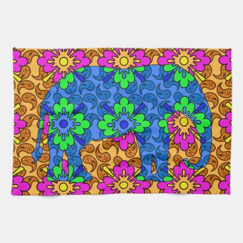 Whimsical Bright Colorful Paisley Pattern Elephant Kitchen Towel