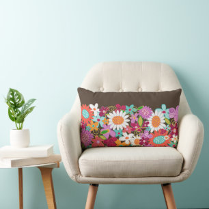 Whimsical Bright Colorful Spring Flowers Garden Lumbar Pillow
