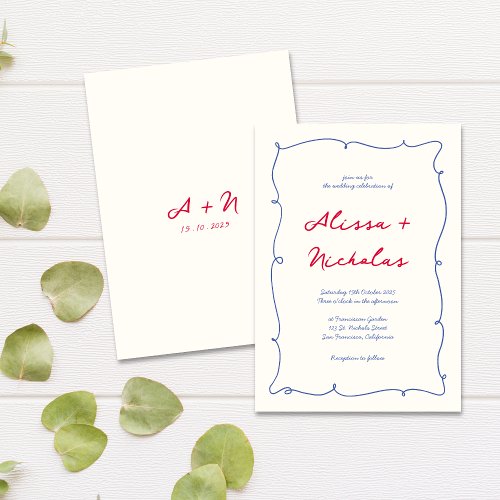 Whimsical Bright Wavy Border Monogram Wedding Invitation