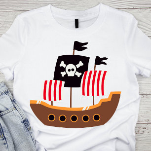 Whimsical Brown and Red Pirate Ship T-Shirt