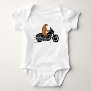 Whimsical brown bear riding a motorcycle baby bodysuit