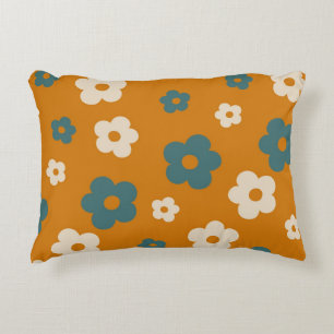 Whimsical Brown & Blue Floral Retro, Cheerful Accent Pillow