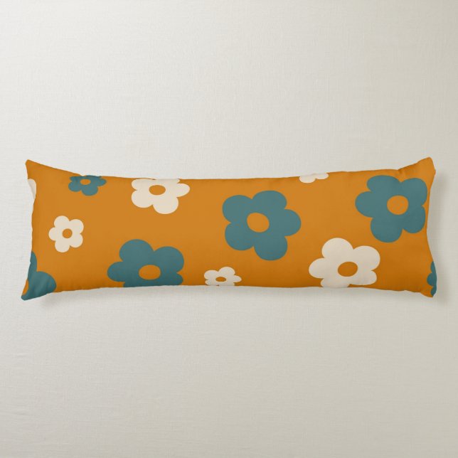 Whimsical Brown & Blue Floral Retro, Cheerful Body Pillow (Front)