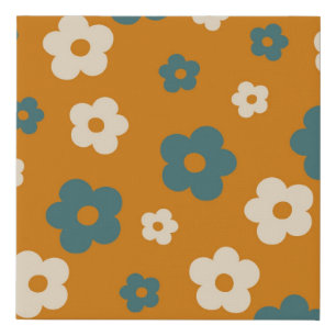 Whimsical Brown & Blue Floral Retro, Cheerful Faux Canvas Print
