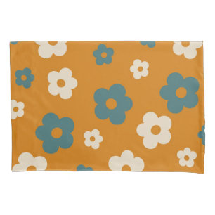 Whimsical Brown & Blue Floral Retro, Cheerful Pillow Case