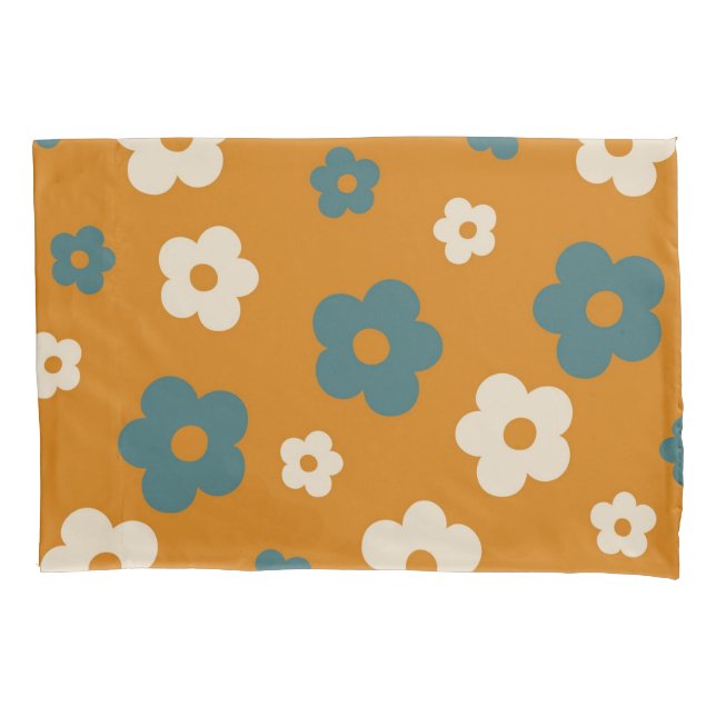 Whimsical Brown & Blue Floral Retro, Cheerful Pillow Case (Front)