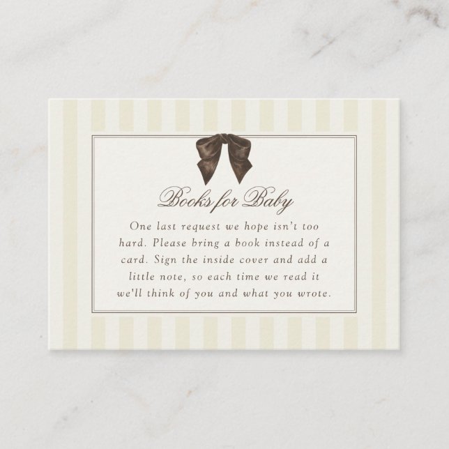Whimsical Brown Bow Striped Books for Baby Enclosure Card (Front)