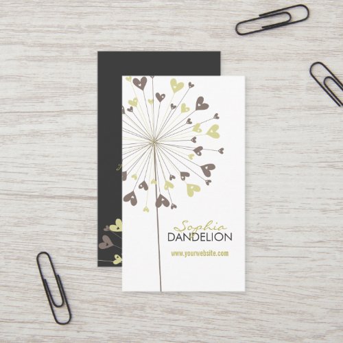 Whimsical Brown Dandelions Love Hearts Modern Chic Business Card