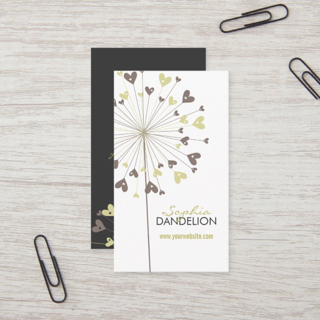 Whimsical Brown Dandelions Love Hearts Modern Chic Business Card (Front/Back In Situ)