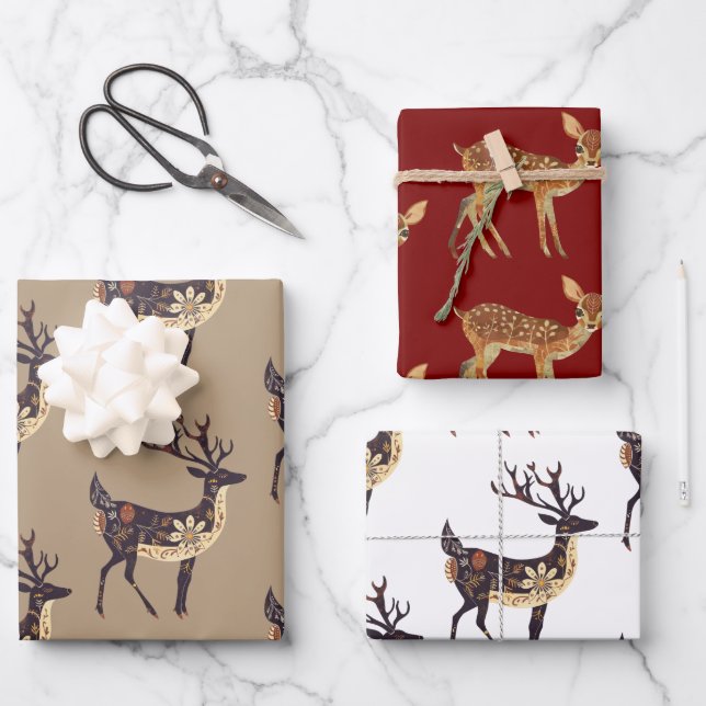 Whimsical Brown Deer Christmas  Wrapping Paper Sheets (Front)