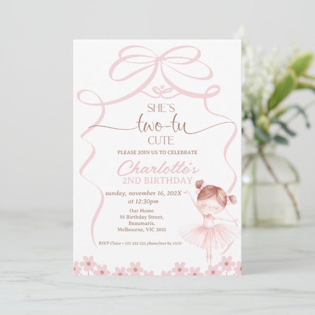 Whimsical Brown Hair Ballerina Two Tu 2nd Birthday Invitation (Standing Front)