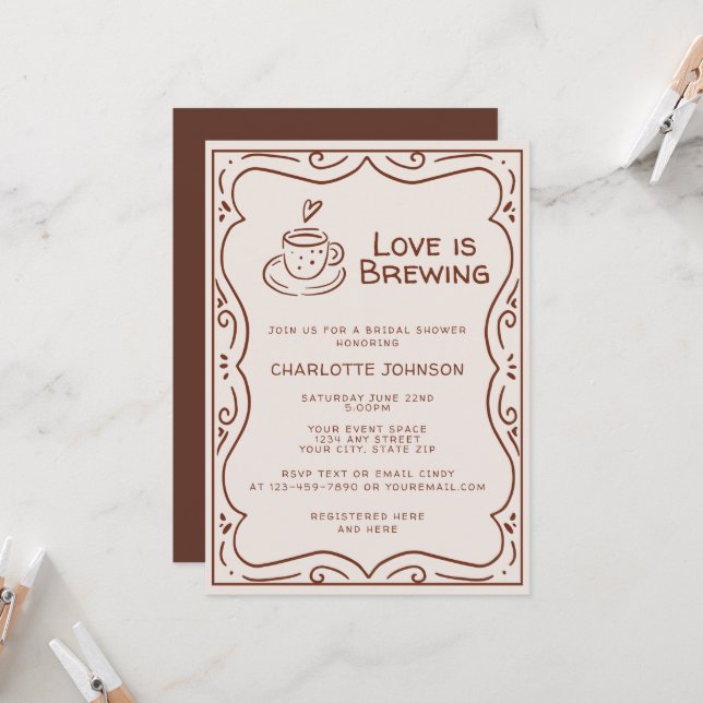 Whimsical Brown Love Is Brewing Bridal Shower Invitation (Front/Back In Situ)