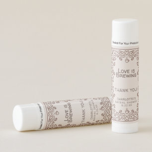 Whimsical Brown Love Is Brewing Bridal Shower Lip Balm
