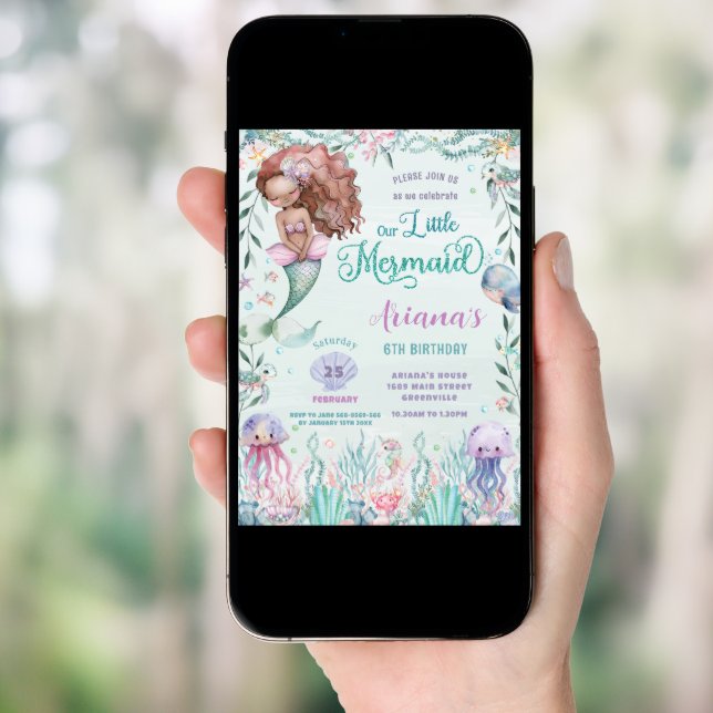 Whimsical Brown Mermaid Under the Sea Birthday Invitation (Front Digital)