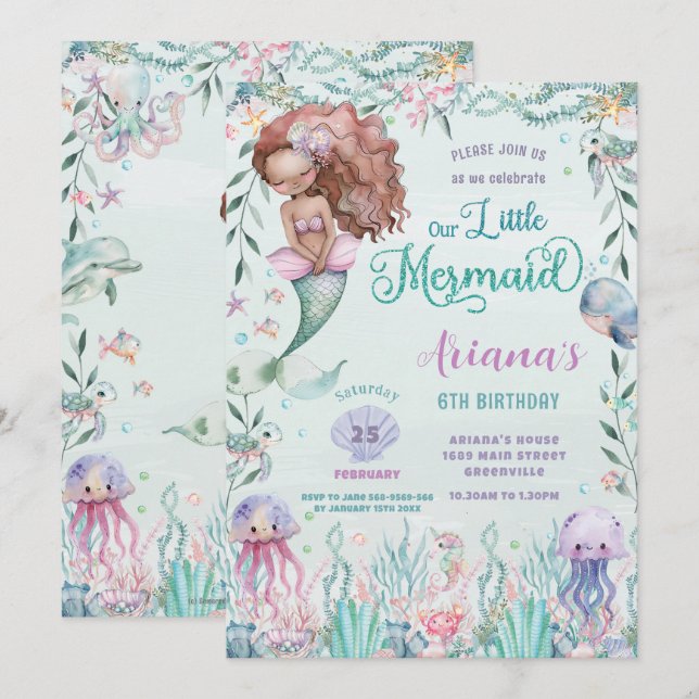 Whimsical Brown Mermaid Under the Sea Birthday Invitation (Front/Back)